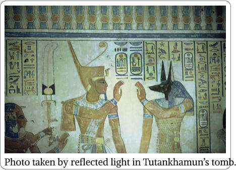 Photo taken by reflected light in Tutankhamuns tomb.